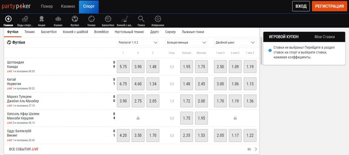 Party Poker ставки на спорт